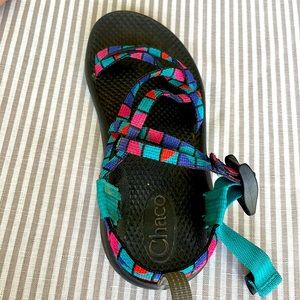 Chaco sandals, mixture of purple, blue, orange, and pink, size 2